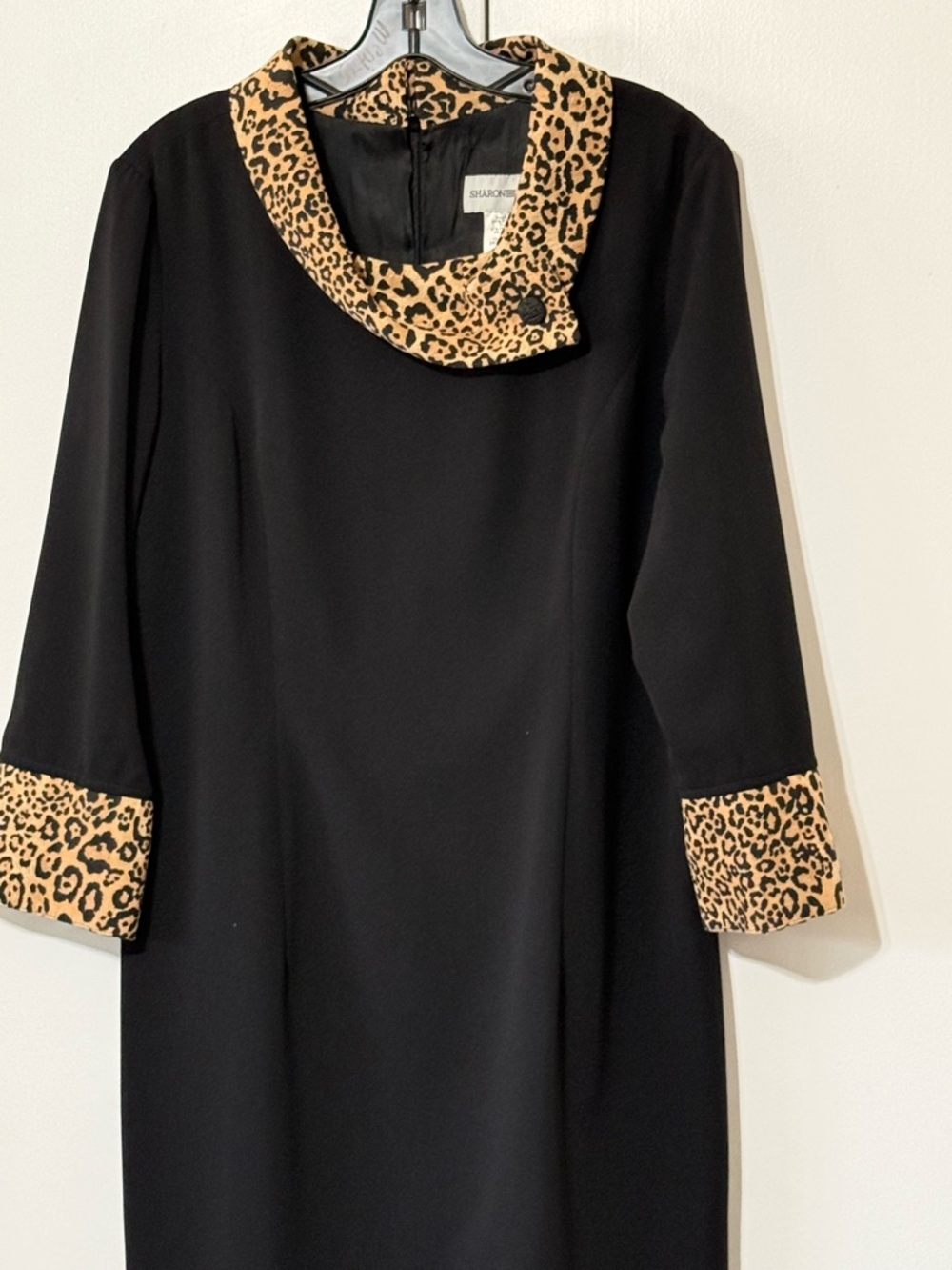 Sharon Young Black Long-Sleeve Dress with Leopard Trim